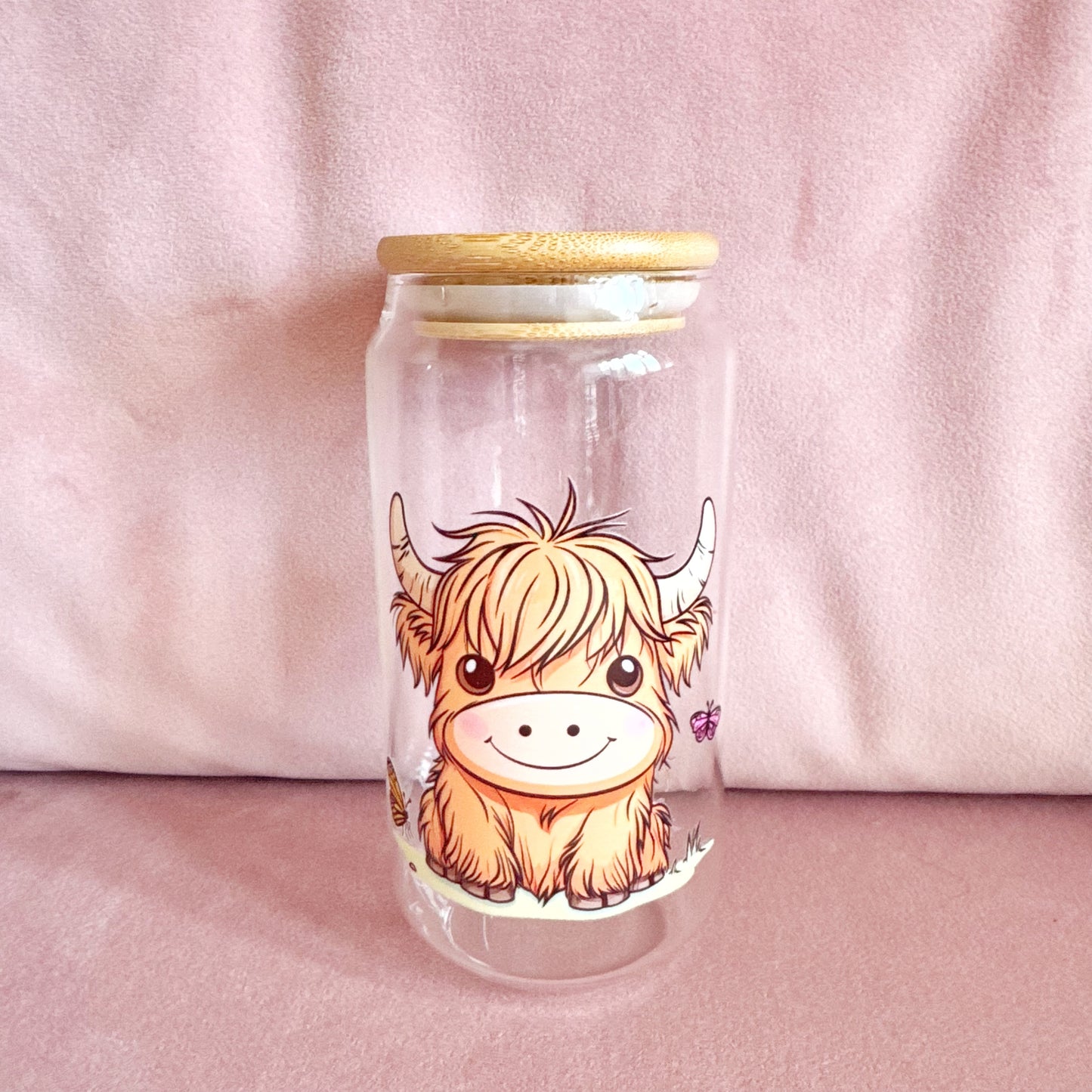Cute Highland Cow Glass Can Tumbler with Bamboo Lid & Straw – Last Chance