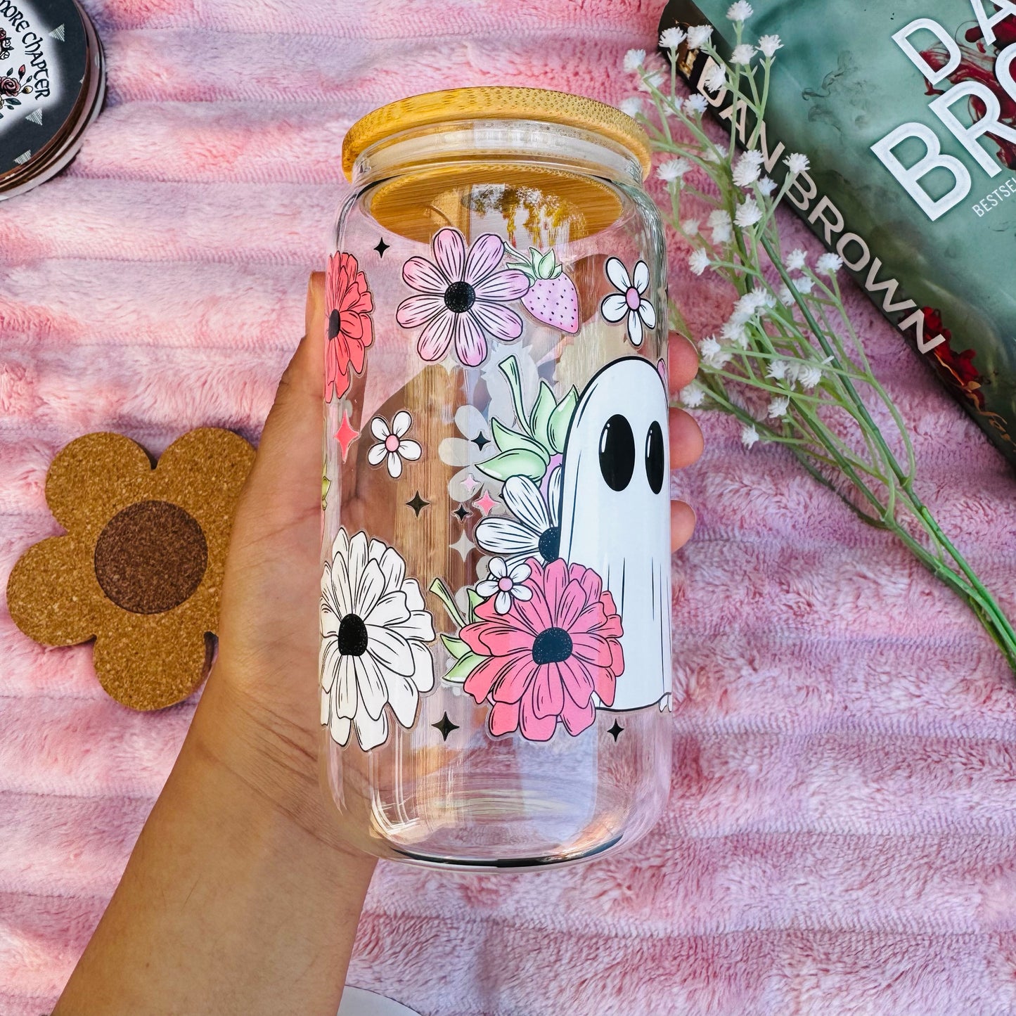 Floral Halloween Spooky Boo Iced Coffee Can Glass, Strawberry Spooky Coffee Tumbler with Bamboo Lid and starw