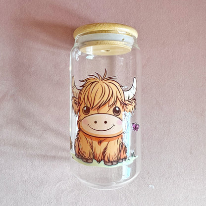 Cute Highland Cow Glass Can Tumbler with Bamboo Lid & Straw – Last Chance