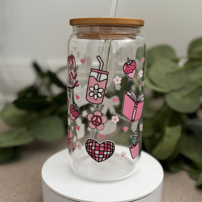 Bookish Pink lover iced coffee glass mug, Cute iced coffee glass bamboo lid and glass straw, Coffee book lovers cute bookish cup,Bookish glass 16oz