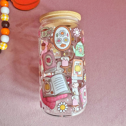 Autumn Reading Night 16oz Glass Tumbler with Bamboo Lid & Straw