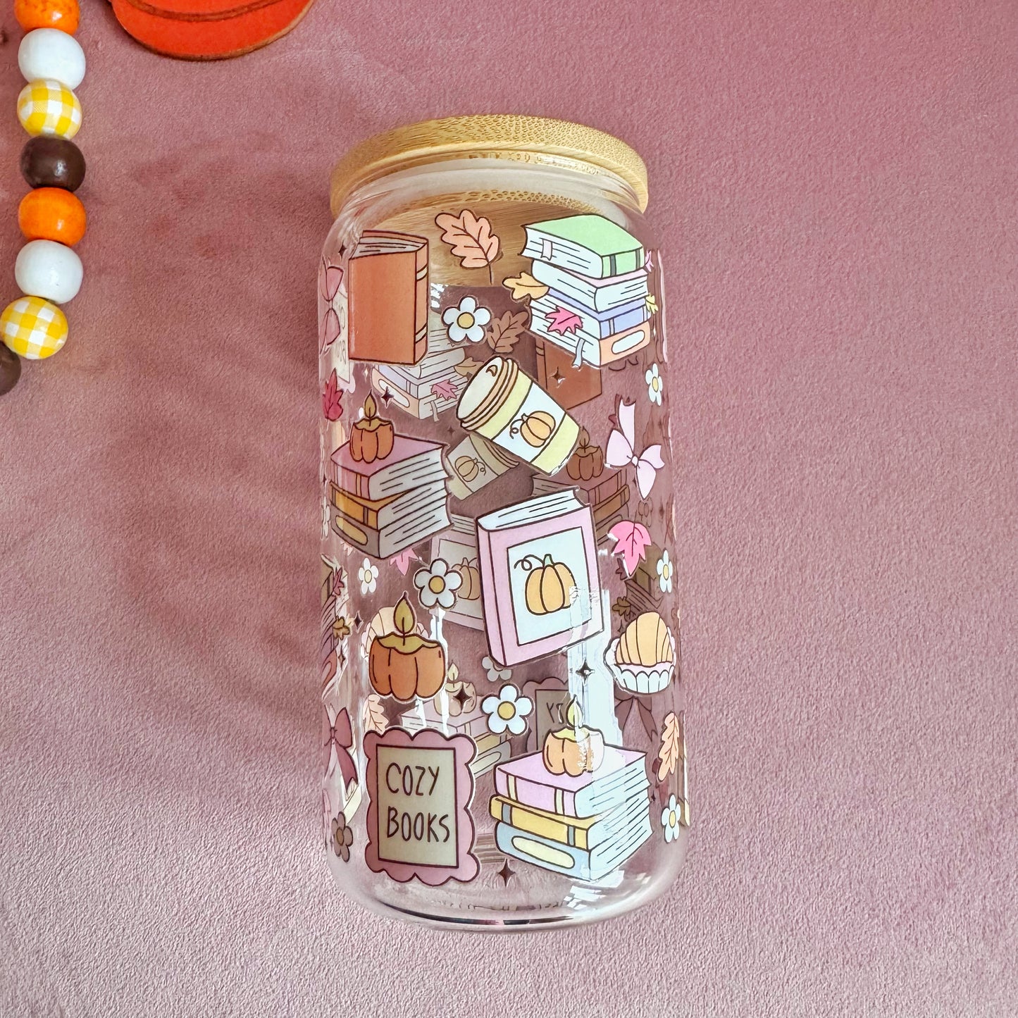Cozy Books 16oz Autumn Bookish Glass Tumbler with Bamboo Lid & Straw