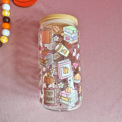 Cozy Books 16oz Autumn Bookish Glass Tumbler with Bamboo Lid & Straw