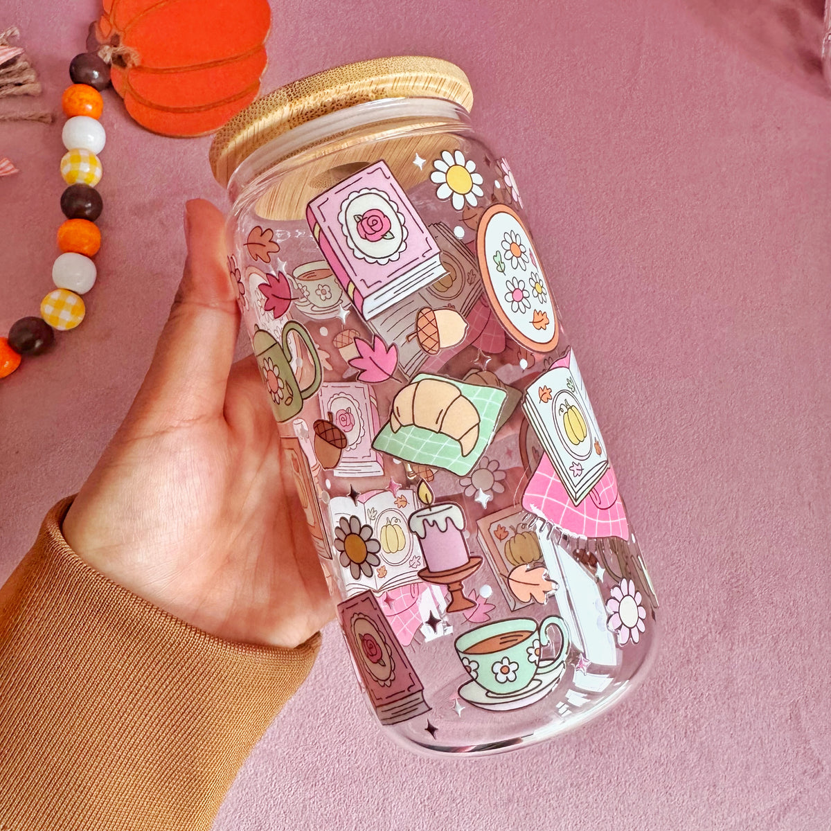 Autumn Reading Night 16oz Glass Tumbler with Bamboo Lid & Straw
