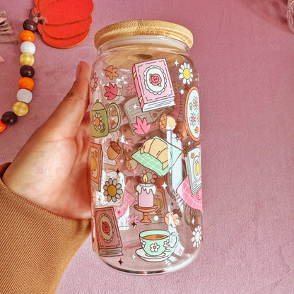 Autumn Reading Night 16oz Glass Tumbler with Bamboo Lid & Straw