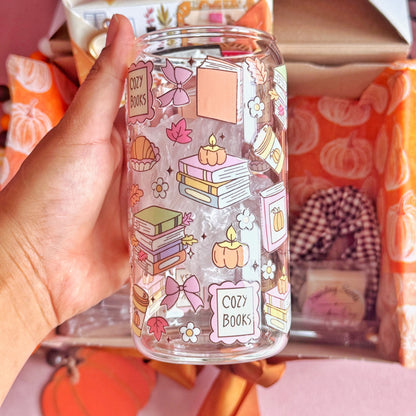 Cozy Books 16oz Autumn Bookish Glass Tumbler with Bamboo Lid & Straw