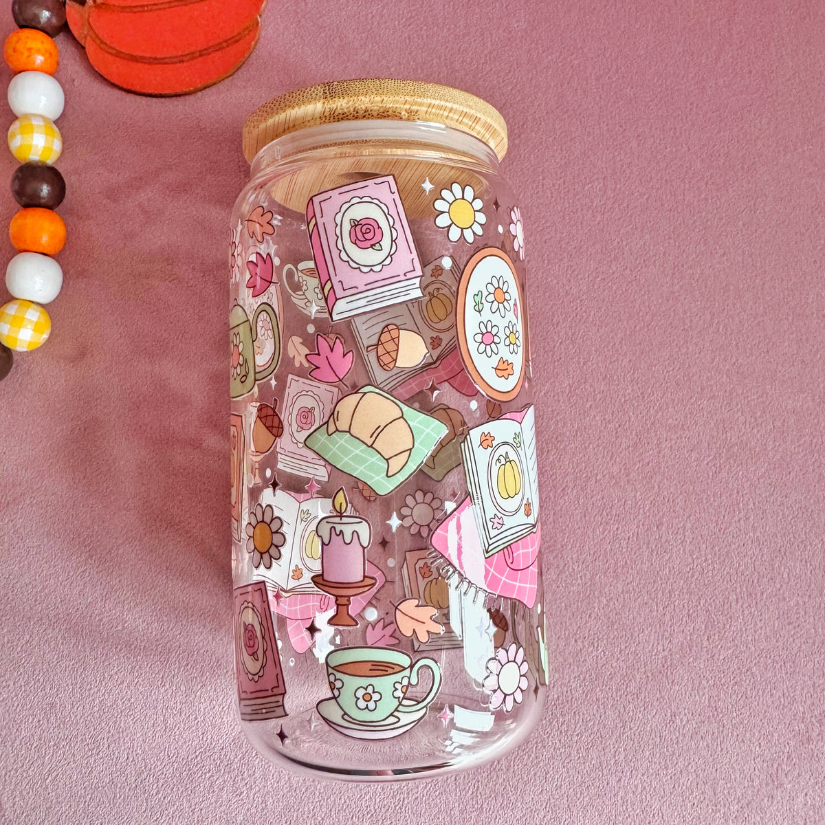 Autumn Reading Night 16oz Glass Tumbler with Bamboo Lid & Straw
