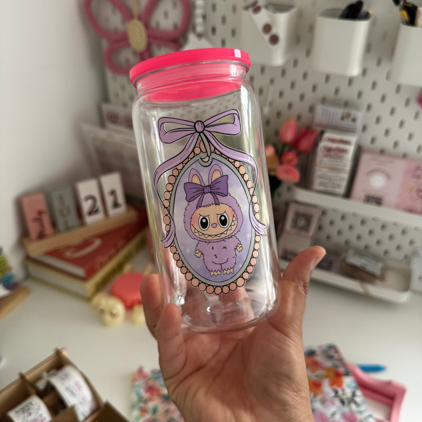 Labubu Purple ( ZiZi) iced coffee can, Labubu Libbey Glass