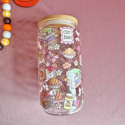 Cozy Books 16oz Autumn Bookish Glass Tumbler with Bamboo Lid & Straw