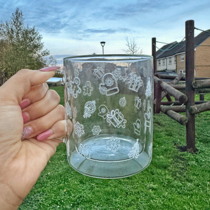 White Doodle Winterwonderland Glass Coffee Mug: Double Walled 13oz