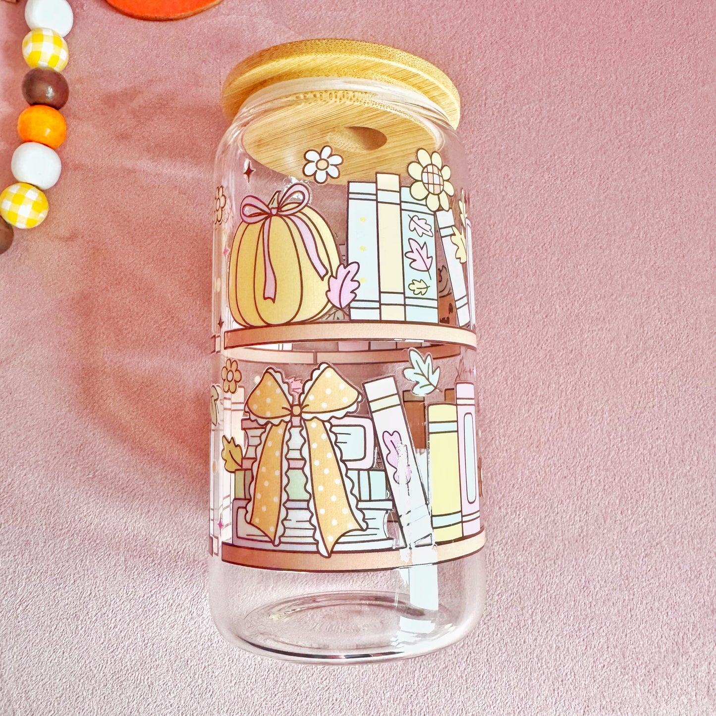 Pumpkin Bookshelf 16oz Autumn Glass Tumbler with Bamboo Lid & Straw