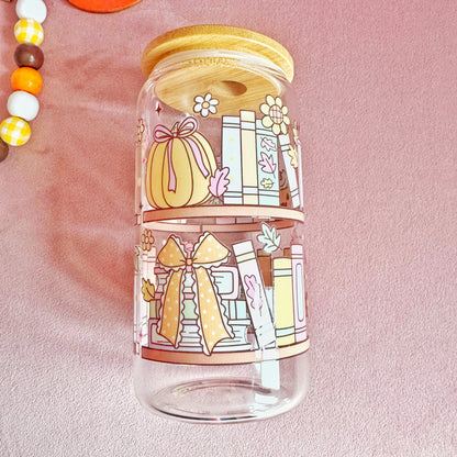 Pumpkin Bookshelf 16oz Autumn Glass Tumbler with Bamboo Lid & Straw