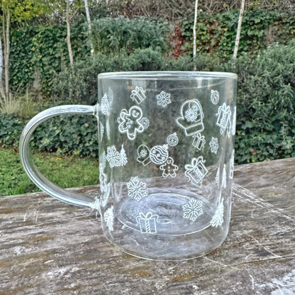 White Doodle Winterwonderland Glass Coffee Mug: Double Walled 13oz