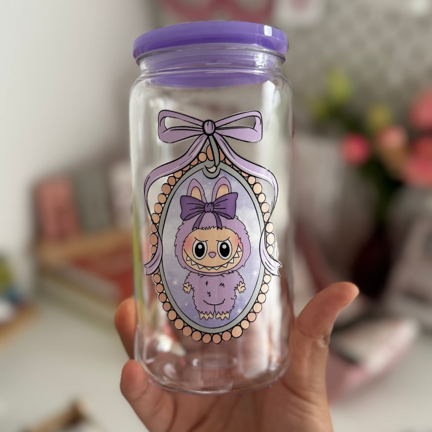 Labubu Purple ( ZiZi) iced coffee can, Labubu Libbey Glass