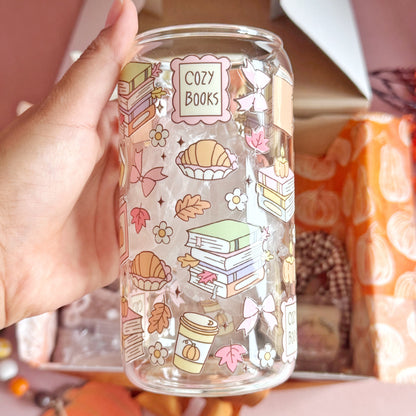 Cozy Books 16oz Autumn Bookish Glass Tumbler with Bamboo Lid & Straw