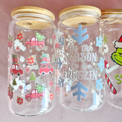 Christmas Last Chance Iced Coffee Glass Can With Bamboo Lid and Straw