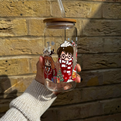 Potter Christmas Iced coffee Glass Can With Bamboo Lid and Straw