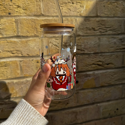 Potter Christmas Iced coffee Glass Can With Bamboo Lid and Straw