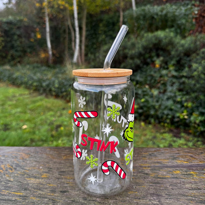 Christmas Grinch Stink Stunk Stank Iced coffee Glass Can With Bamboo Lid and Straw