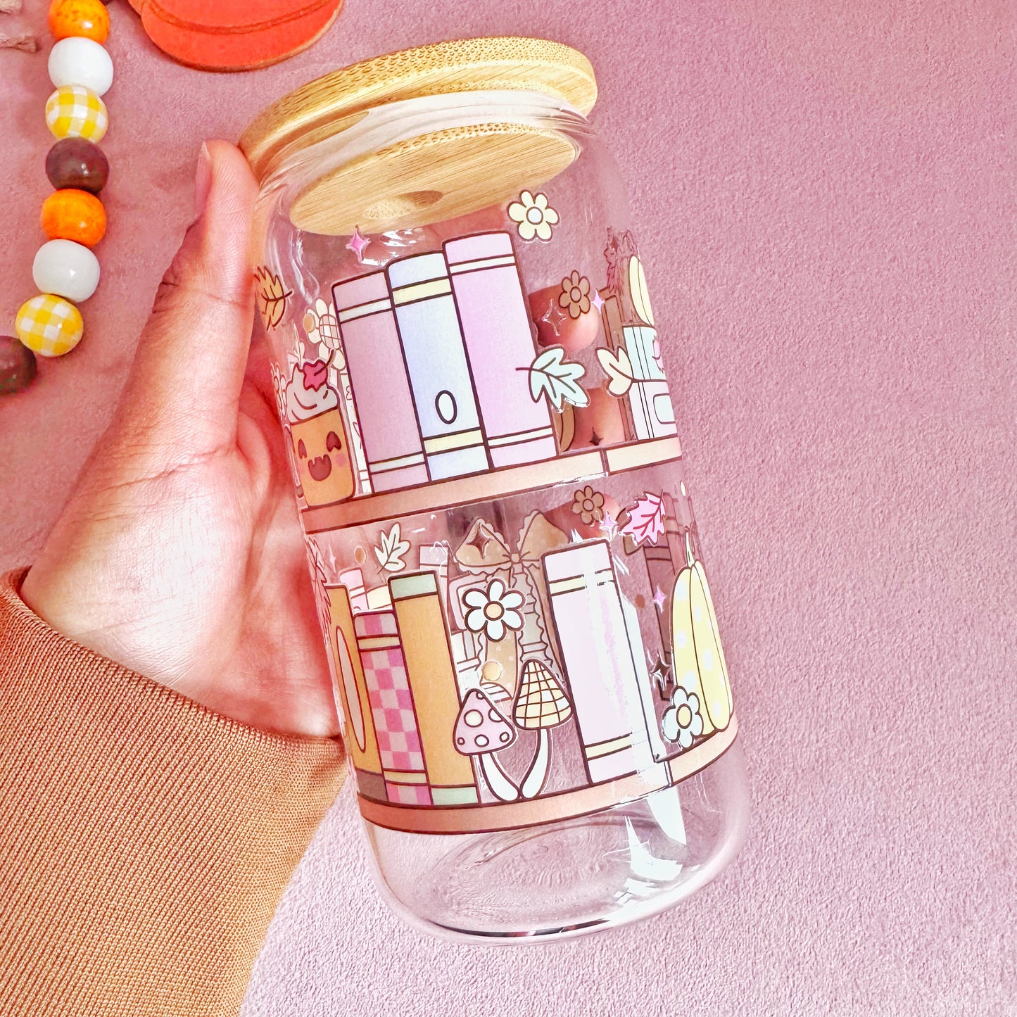 Pumpkin Bookshelf 16oz Autumn Glass Tumbler with Bamboo Lid & Straw
