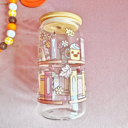 Pumpkin Bookshelf 16oz Autumn Glass Tumbler with Bamboo Lid & Straw