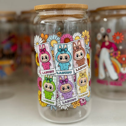 Flower Labubu dolls iced coffee can, Labubu Libbey Glass with Bamboo Lid and Glass Straw