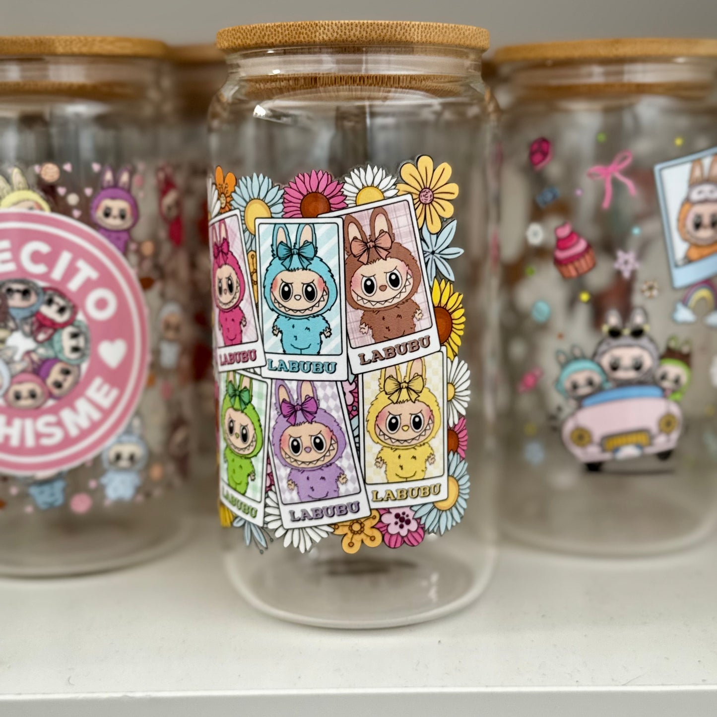 Flower Labubu dolls iced coffee can, Labubu Libbey Glass with Bamboo Lid and Glass Straw