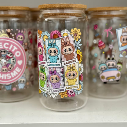 Flower Labubu dolls iced coffee can, Labubu Libbey Glass with Bamboo Lid and Glass Straw
