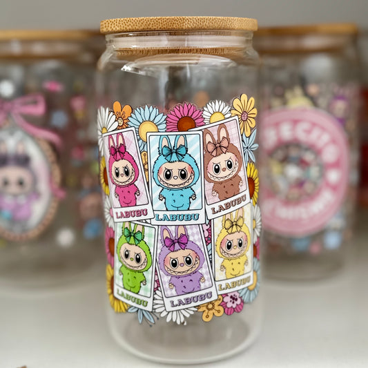 Flower Labubu dolls iced coffee can, Labubu Libbey Glass with Bamboo Lid and Glass Straw