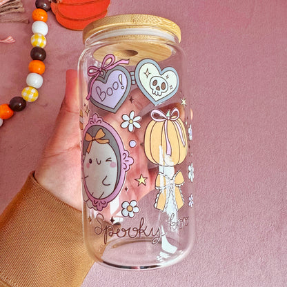 Spooky Boo 16oz Glass Tumbler with Bamboo Lid & Straw