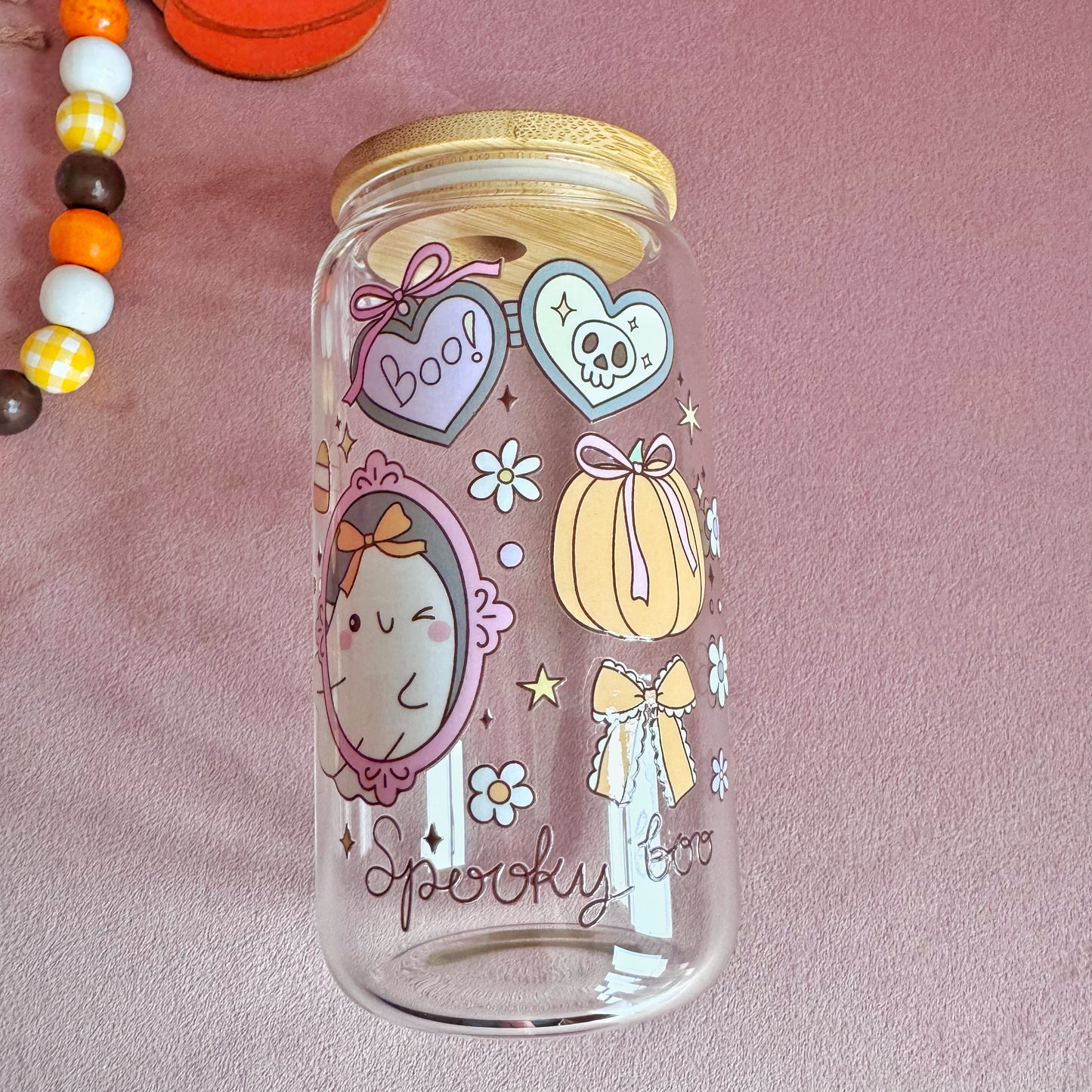 Spooky Boo 16oz Glass Tumbler with Bamboo Lid & Straw