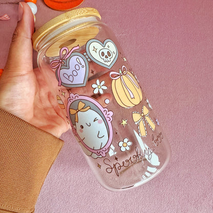 Spooky Boo 16oz Glass Tumbler with Bamboo Lid & Straw