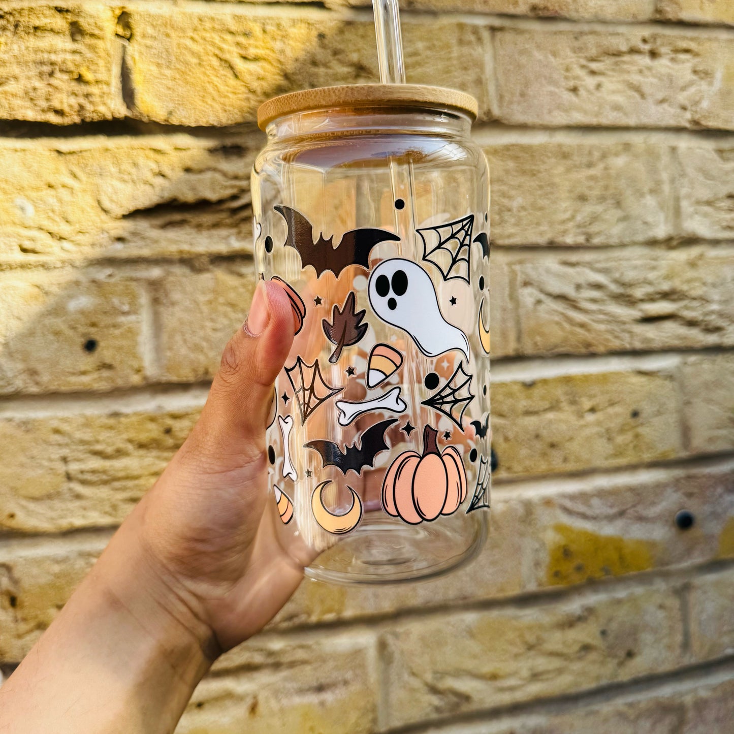 Halloween Spooky Boo Spider Web Pumpkin Moon  Iced Coffee Can Glass, Spooky Coffee Tumbler with Bamboo Lid and straw