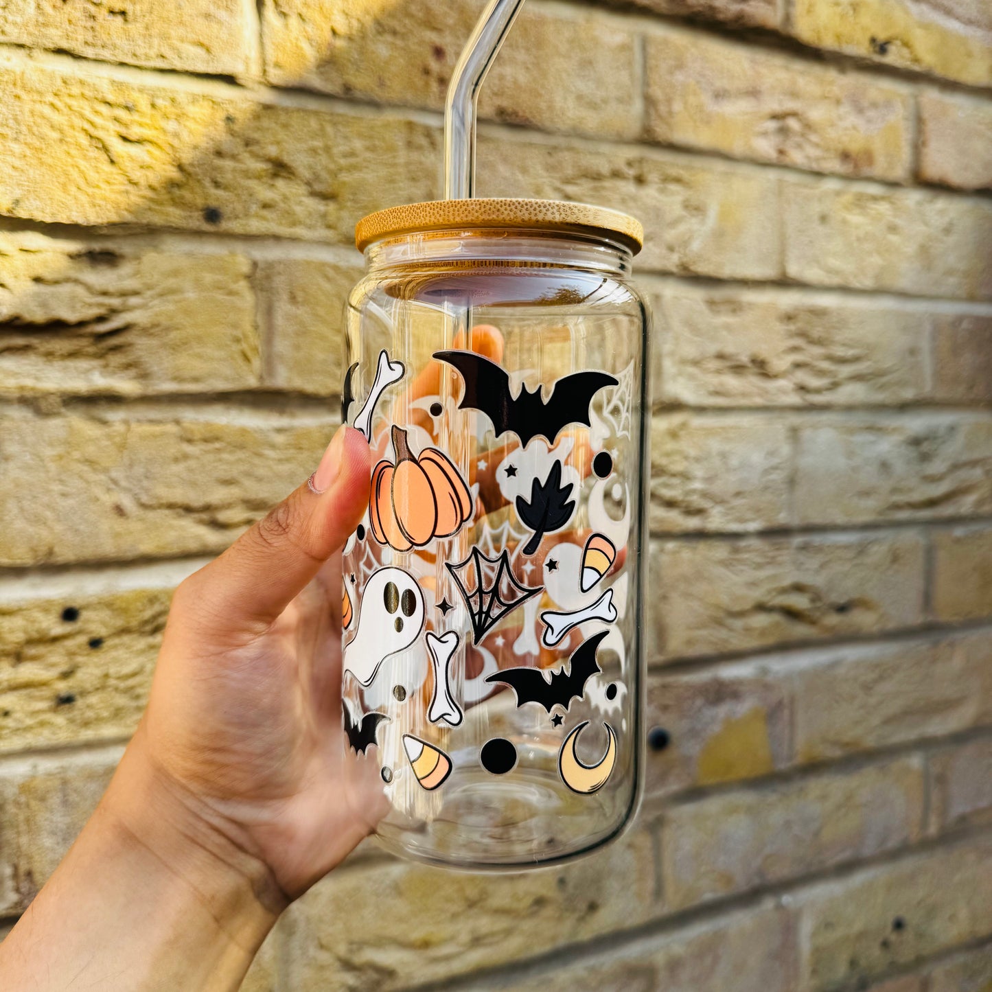 Halloween Spooky Boo Spider Web Pumpkin Moon  Iced Coffee Can Glass, Spooky Coffee Tumbler with Bamboo Lid and straw