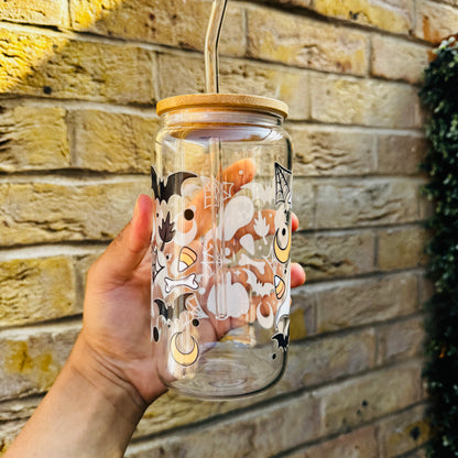 Halloween Spooky Boo Spider Web Pumpkin Moon  Iced Coffee Can Glass, Spooky Coffee Tumbler with Bamboo Lid and straw