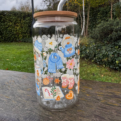 Christmas Cozy Winter Blue Bookish Iced coffee Glass Can With Bamboo Lid and Straw