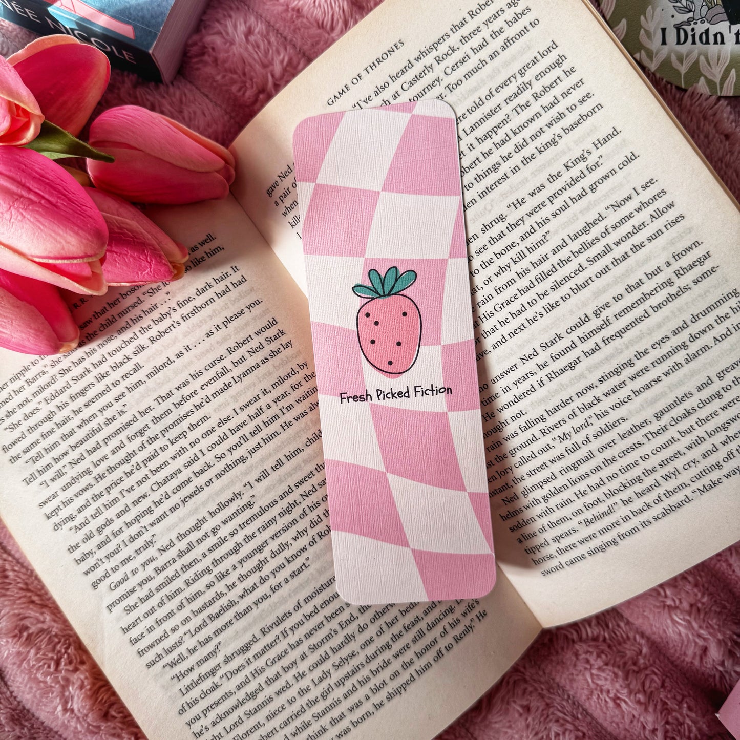 aesthetic pink fruit bookmark for book lovers