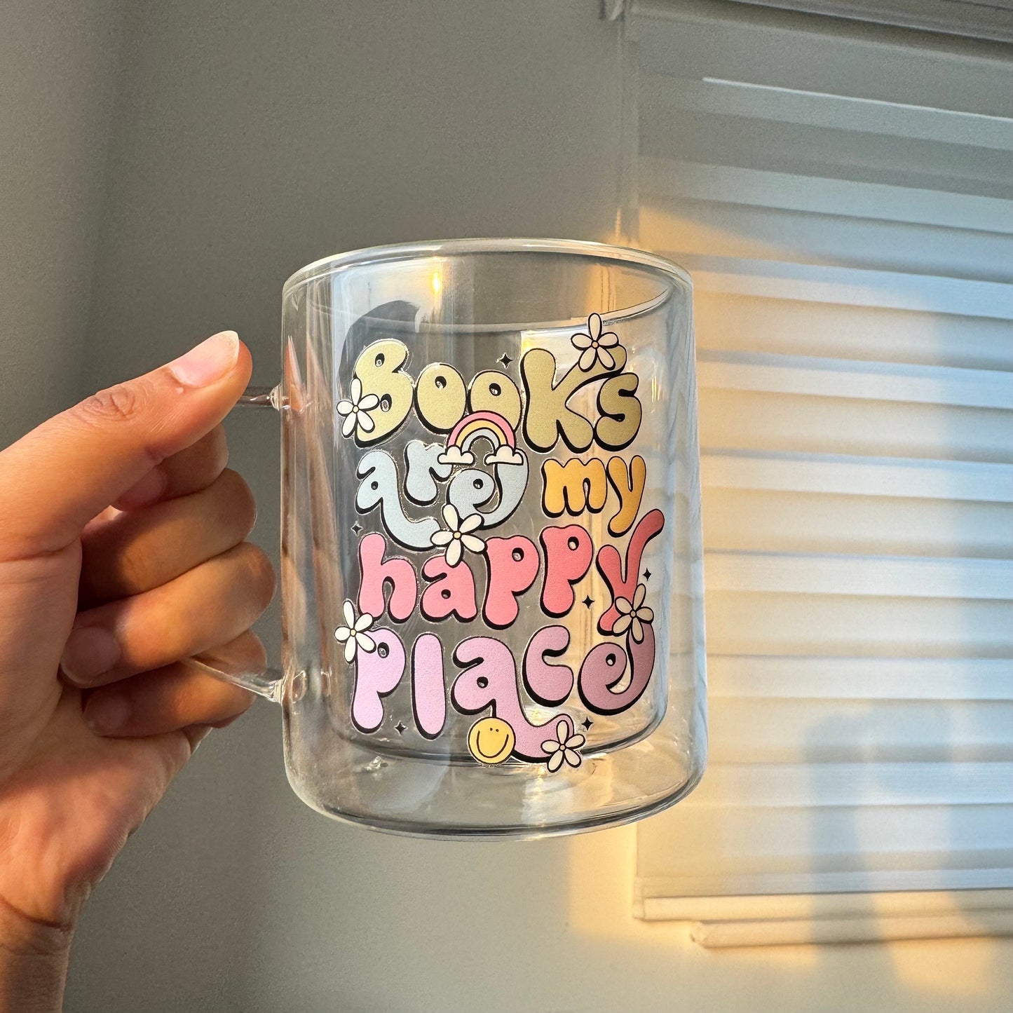 Book lover glass coffee mug . Books are my happy place Glass mug .Gift for book lover, Bibliophile gift . Bookish mug 13oz Double walled