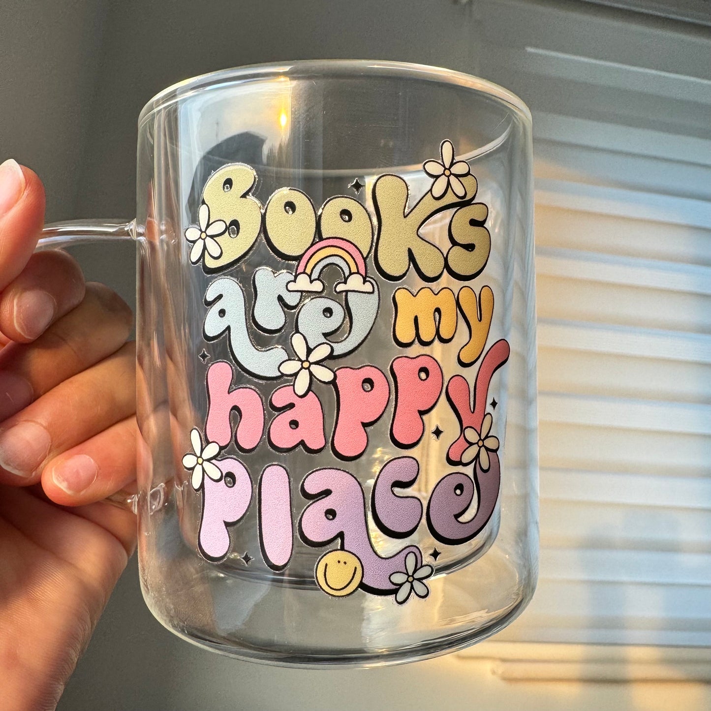 Book lover glass coffee mug . Books are my happy place Glass mug .Gift for book lover, Bibliophile gift . Bookish mug 13oz Double walled