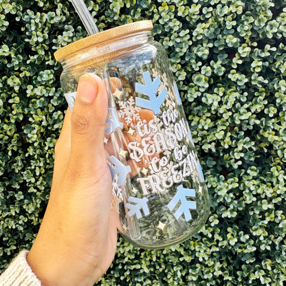 holiday glass cup with bamboo lid and straw