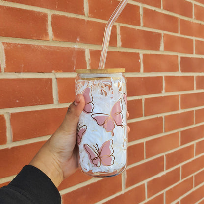 Butterfly Iced Coffee Cup Glass Tumbler 16 oz , Libby Cup Butterfly theme gifts for coffee lovers with bamboo lid and Glass Straw
