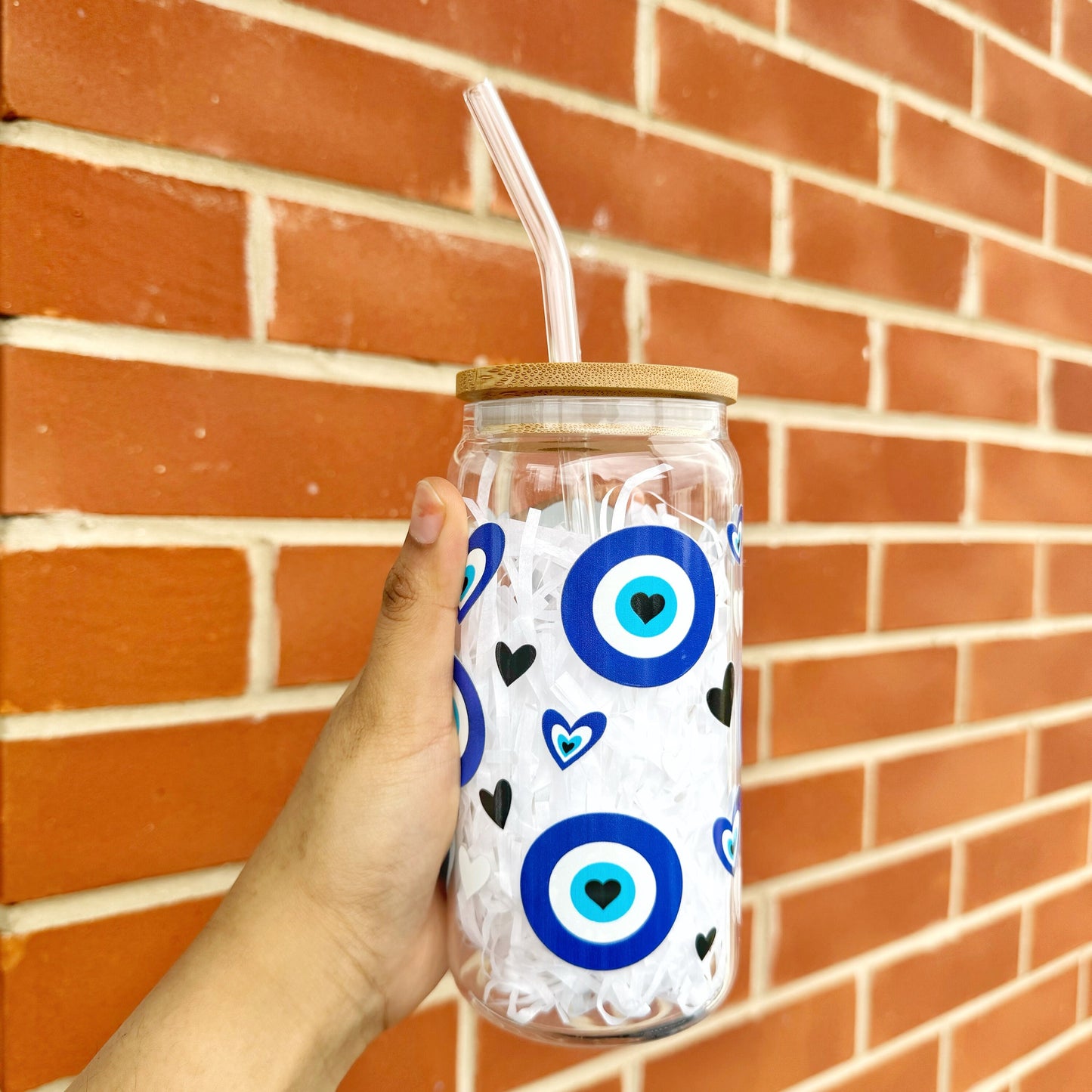 Blue Evil Eye Glass Tumbler, 16 oz Libby Cup - Heart Design, Perfect Gift for Loved Ones, Iced Coffee, Show Care