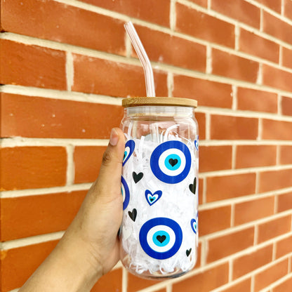 Blue Evil Eye Glass Tumbler, 16 oz Libby Cup - Heart Design, Perfect Gift for Loved Ones, Iced Coffee, Show Care