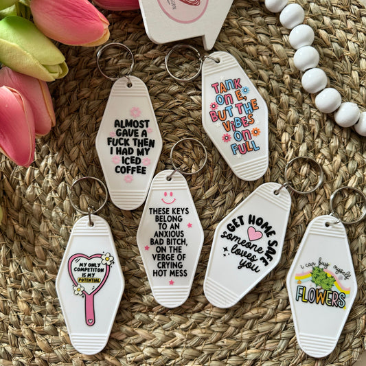 SALE Motel Keyrings in various designs suitable for gifting or yourself, Sarcastic keyring, love key ring, self respect keyring, coffee keyring