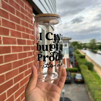 Eras tour Tswift TTPD Coffee Can Glass, I cry alot but I am so Productive glass can,16oz Beer Can Glass with Bamboo Lid and Glass Straw
