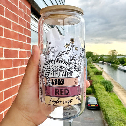 Eras tour Tswift Coffee Can Glass, Swiftie 16oz Beer Can Glass with Bamboo Lid and Glass Straw,Music Album Mug, Swiftea Cup ,Tswift Fan Gift