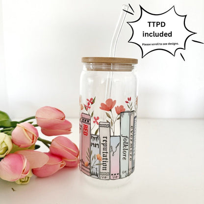 Eras tour Tswift Coffee Can Glass, Swiftie 16oz Beer Can Glass with Bamboo Lid and Glass Straw,Music Album Mug, Swiftea Cup ,Tswift Fan Gift