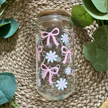 Couquette bow and daisy iced coffee can, Couquette Bow double walled cup, pink bow girly iced coffee can, bridesmaid party cups, bow cans