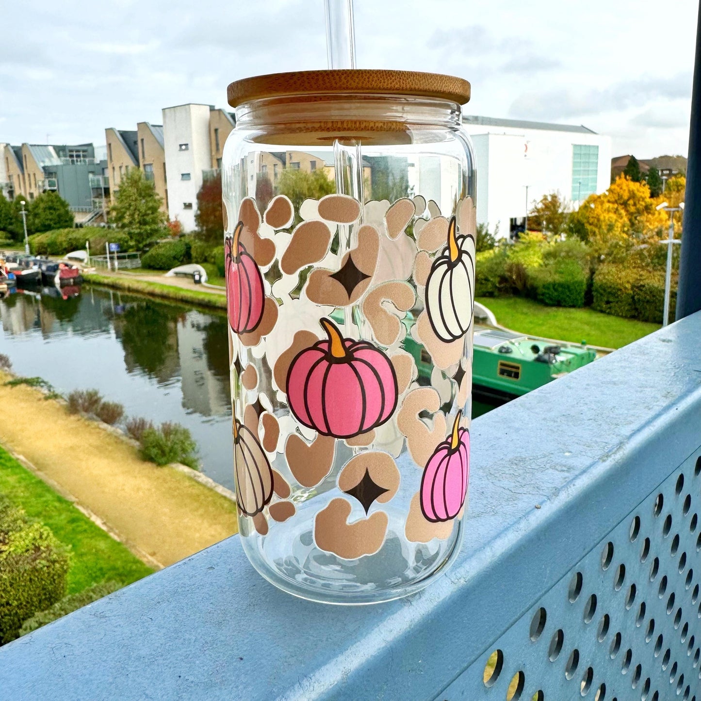 Cute Fall Iced Coffee Glass Pumpkin Season Gift, Autumn Themed Glass Tumbler Mug, Pumpkin Iced Coffee Can Glass, 16oz Coffee Can Glass