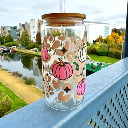 Cute Fall Iced Coffee Glass Pumpkin Season Gift, Autumn Themed Glass Tumbler Mug, Pumpkin Iced Coffee Can Glass, 16oz Coffee Can Glass